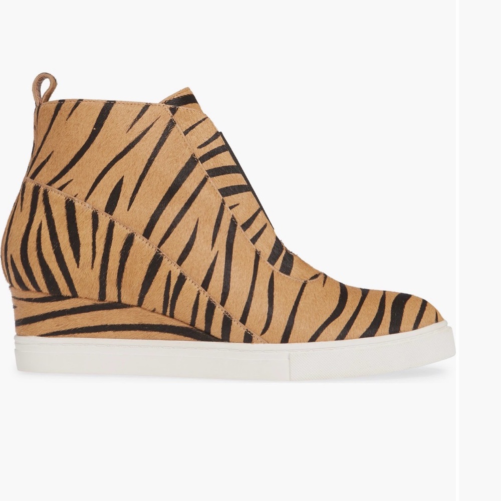 Linea Paolo Tan and Black Striped Wedge Sneakers